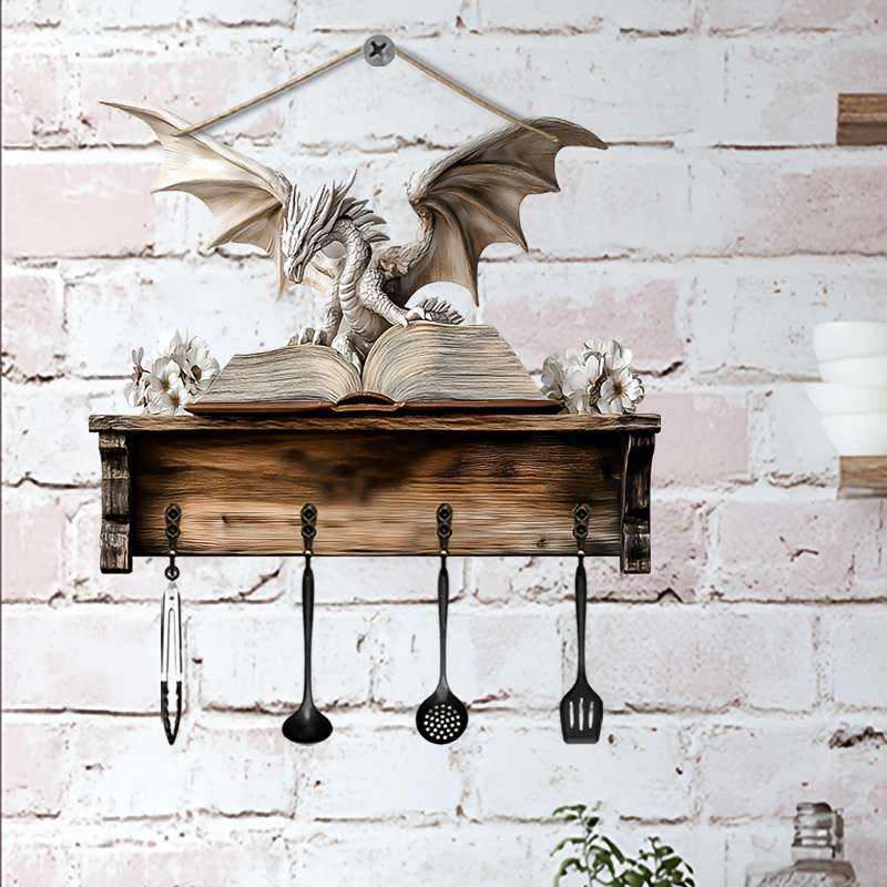 A Dragon Reading a Book a Minimalist Colorful Wooden Key Holder for Home Comes with Four Metal Hoo