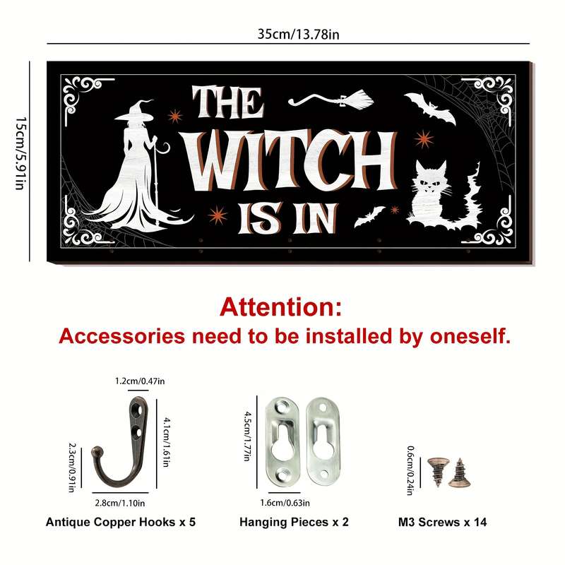 Witch-Inspired Wooden Key Holder for Wall with 5 HooksEnglish Vintage Wall-Mounted Key Hanger Wi