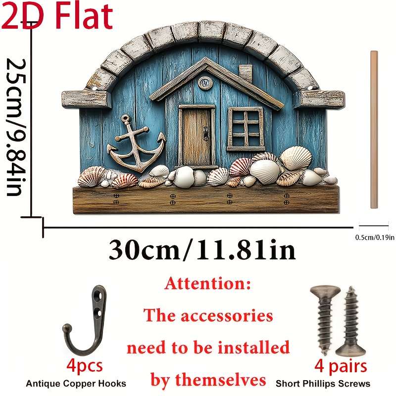 2D Flat 1pc Seaside Shell Cabin Simple Colorful Wooden and Home Key Hanger with Four Metal Hooks 2