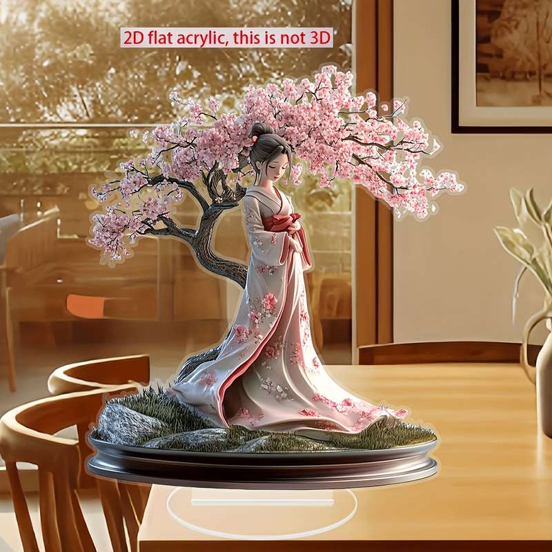 1pc 2D Flat    Acrylic Decorative Japanese Cherry Blossom Tree Kimono Girl for Home Decora