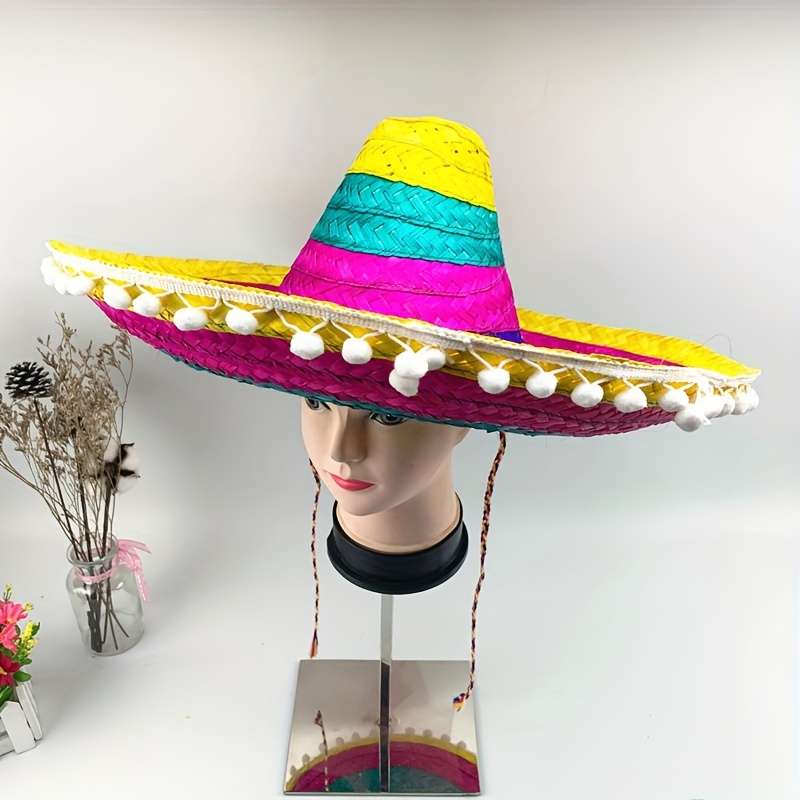 1pc Vibrant Mexican Fiesta Sombrero Colorful Cotton Woven Hat with Black Ribbon Perfect for Hall
