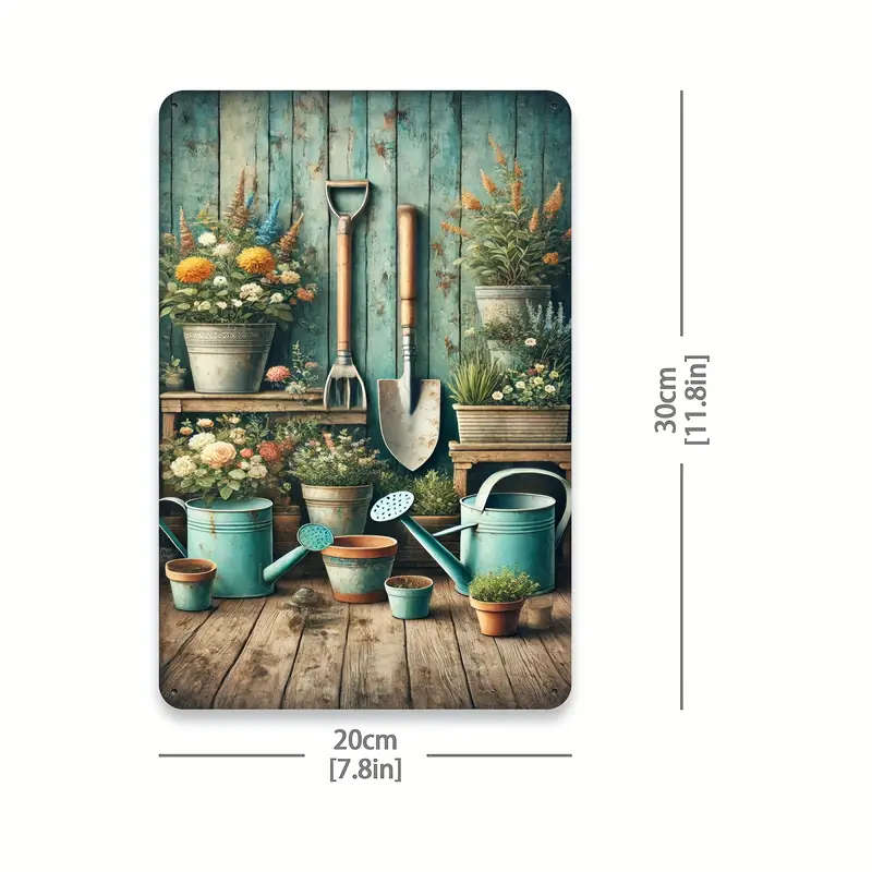 1pc Vintage Gardening Tools Potted Plants Metal Tin Sign 20.32x30.48cm Rustic Wall Art with Colorful