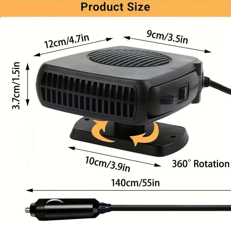 1pc 2in1 12V Car Heater Defroster Portable Fast Heating 360-Degree Rotary Windshield Defogger for Co