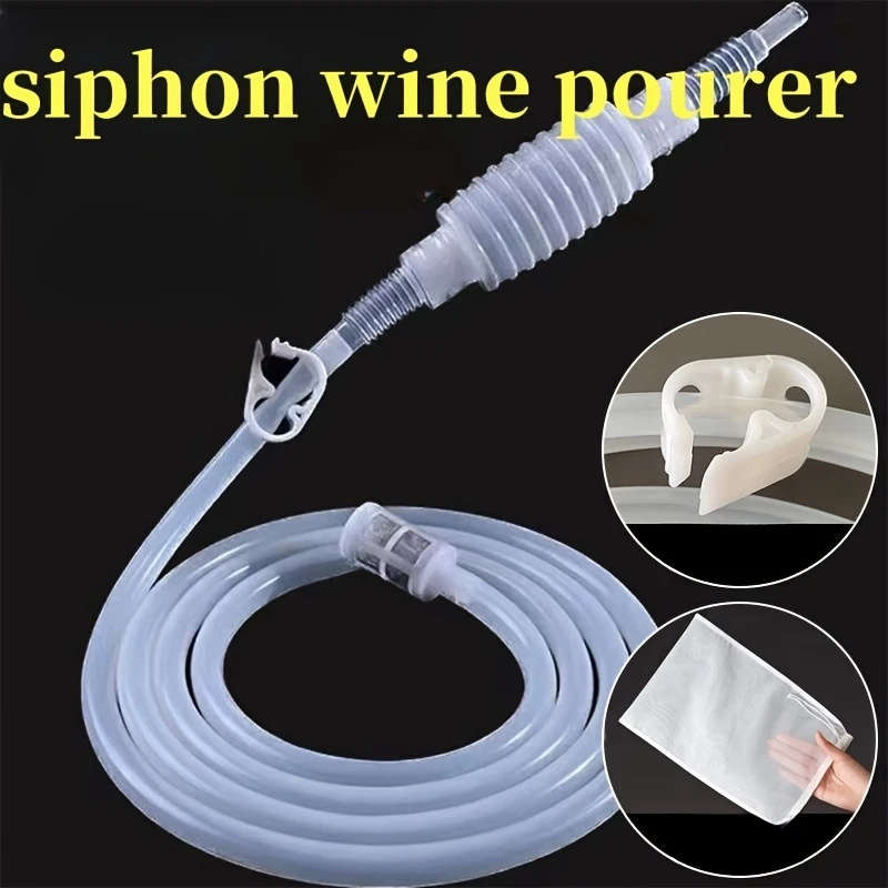 1pc 2-Meter Semi-Automatic Wine Extractor Food-Grade Silicone Siphon Hose with Tongs and Filter Bag