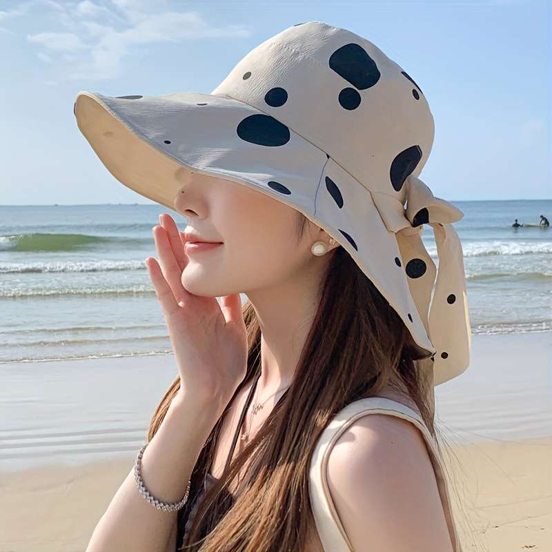 1pc Stylish Polka Dot Summer Sun Hat Wide Brim UV Protection Bucket Hat for Women Yellow wit