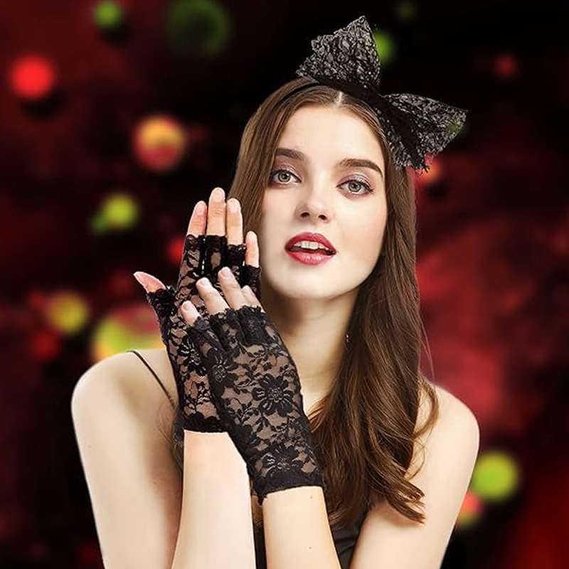 1 Pair Red Bridal Lace Gloves