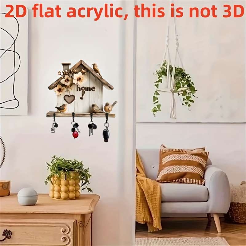 1pc 2D plane printing simple and colorful wooden and home keychain with four black metal hooks 11