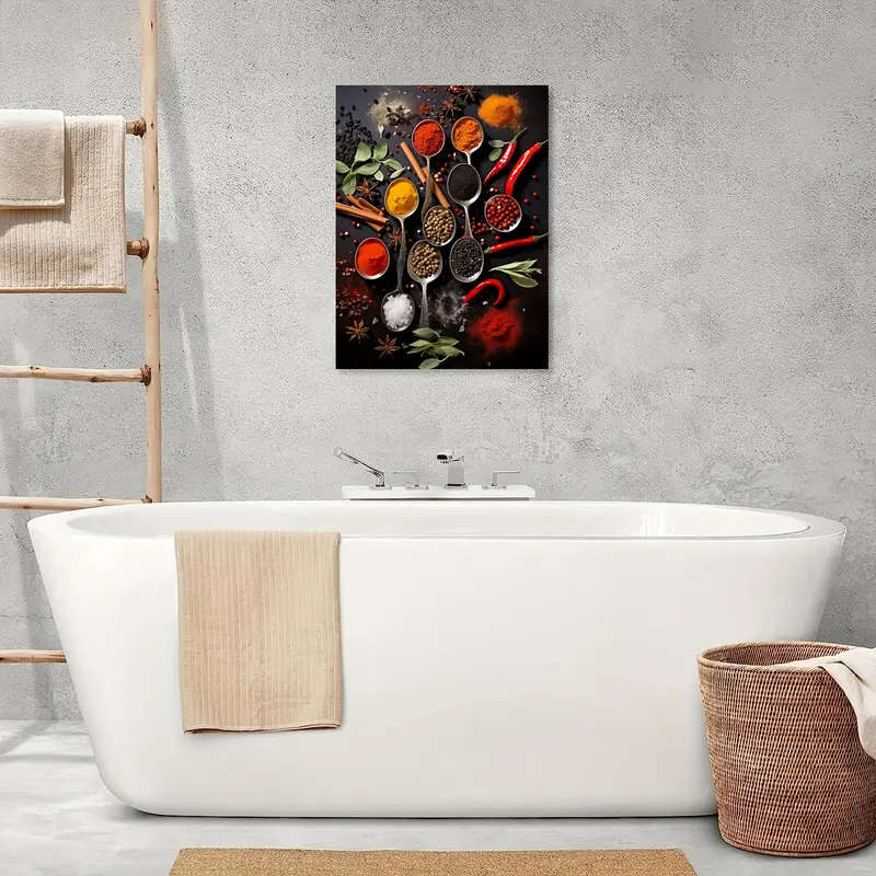 1pc Colorful Cooking Spices Canvas Wall Art Wooden Framed Print for Kitchen Living Room Bedroom Deco