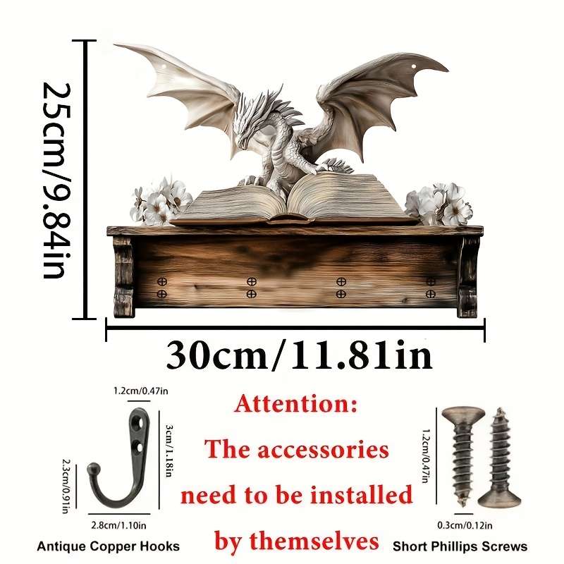 A Dragon Reading a Book a Minimalist Colorful Wooden Key Holder for Home Comes with Four Metal Hoo