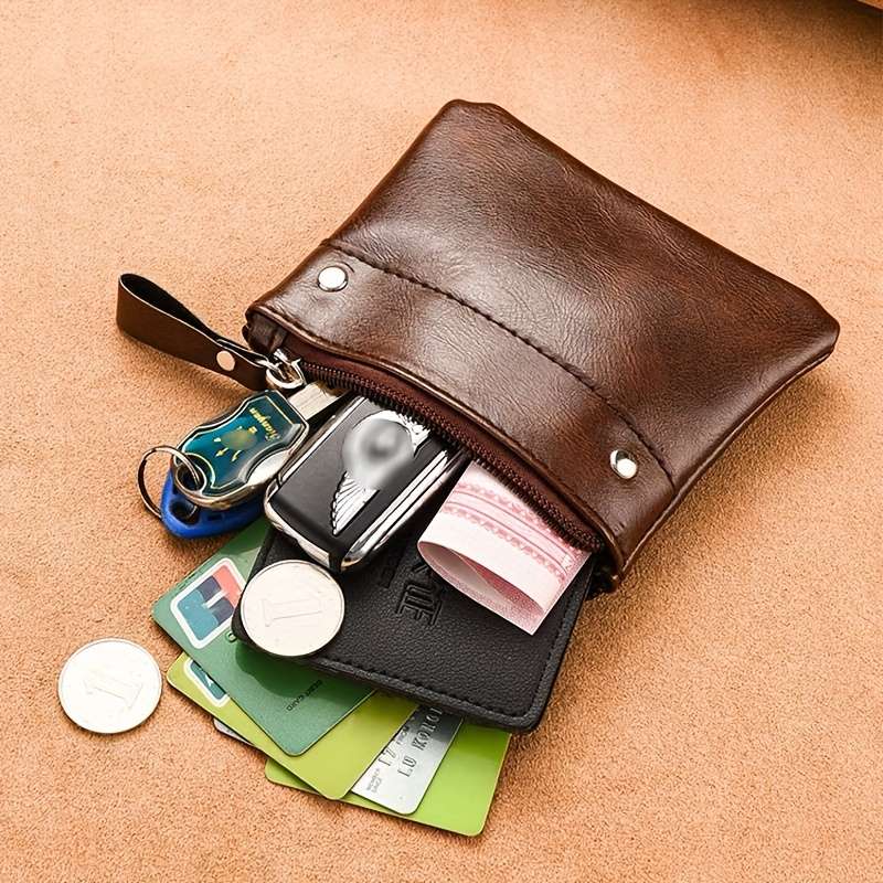 1pc One Men's retro solid color short wallet zipper card holder coin purse. Father's Day gift bi
