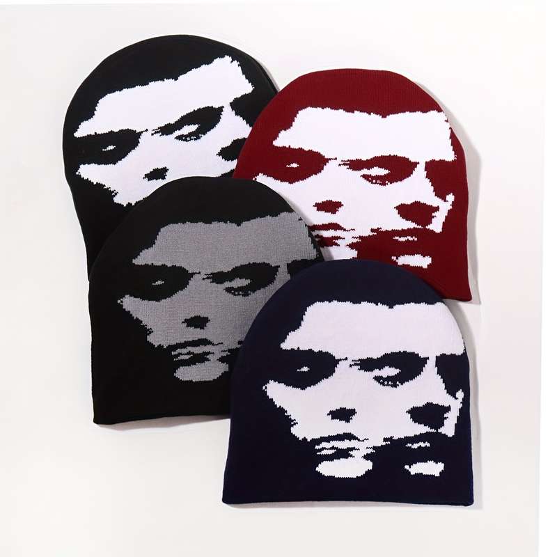 1pc Fashion Knit Beanie with Woman Portrait Design Breathable Warm Stretchy for Outdoor Activi