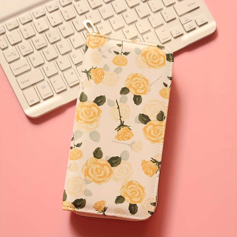 1pc Women'S Fashionable Long Zipper Wallet with Floral Pattern Double Compartment Multiple Card