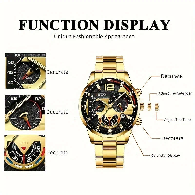 4pcs Luxury Gift Set Stainless Steel Quartz Watch with Calendar Golden Arrow Necklace Bracelet and R