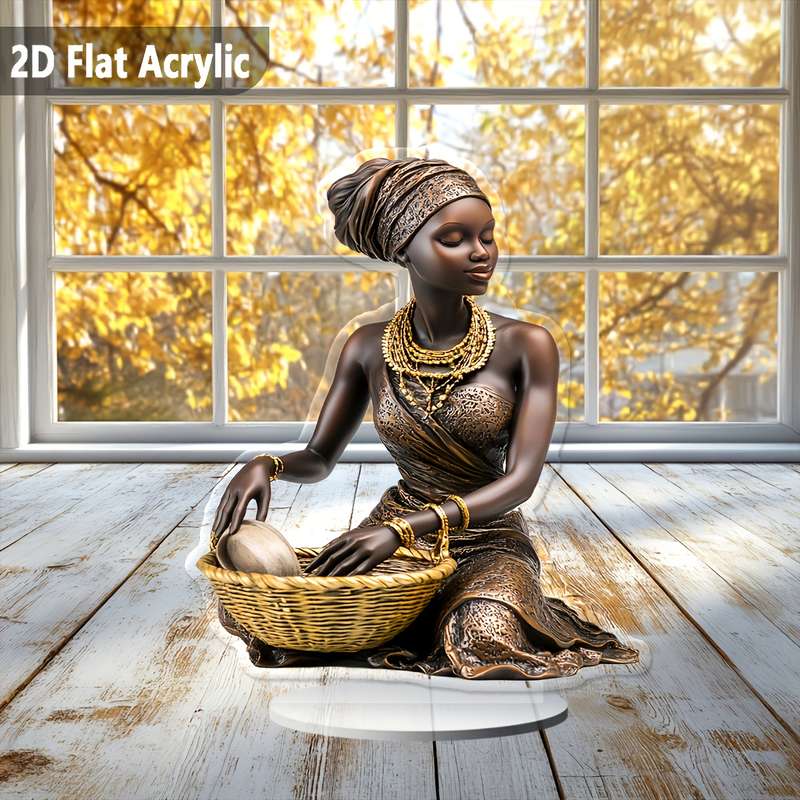 1pc 2D Flat  A Beautiful Acrylic Tabletop Ornament of an African Woman with a Basket Perfect for