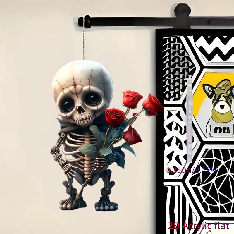 1pc 2D Flat  Gothic Style Skeleton Hand with Red Roses  Acrylic Pendant Versatile Hanging Orna