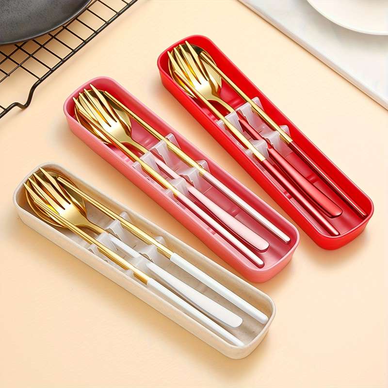 Set Of 4 Stainless Steel Portable Cutlery Including Fork Spoon And Chopsticks With A Reusab