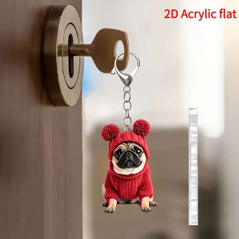 1pc 2D Flat  Keychain Keychain  Cute And Charming Pug Acrylic Keychain Fashion Animal Pendant