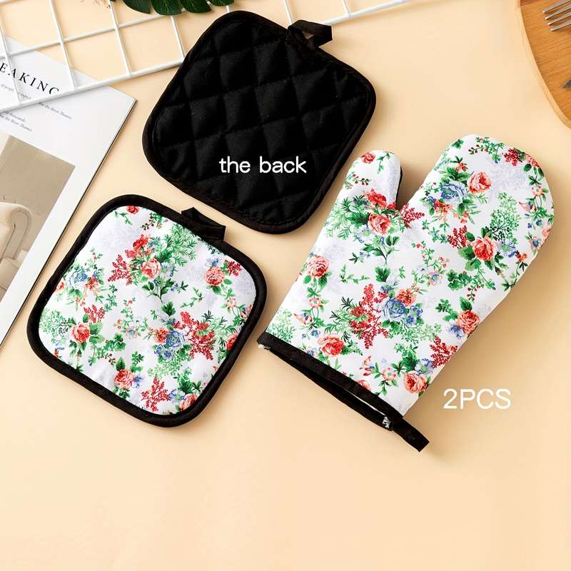 2pcs Polyester Digital Print Mushroom Pattern Kitchen Baking Oven Mittens Heatproof Mats Dining