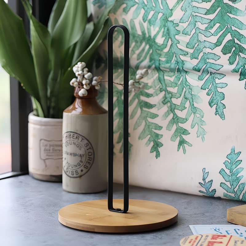 1pc Black Bamboo Kitchen Paper Towel Holder Vertical Storage Rack for Countertop Metal Tiss