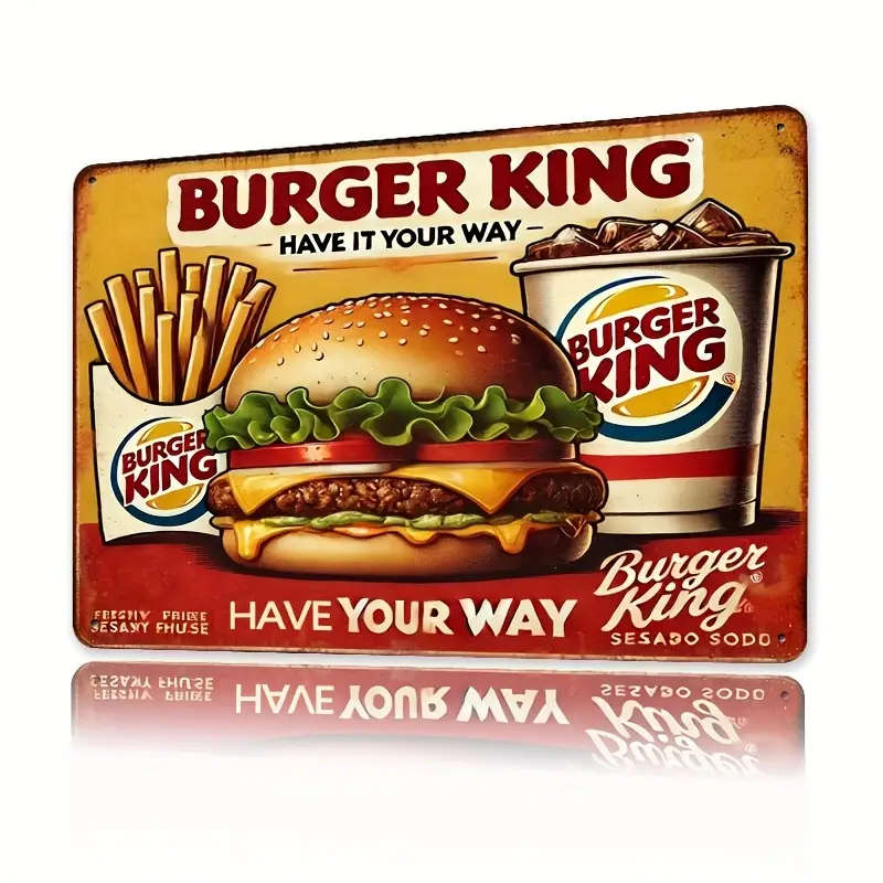 1pc Vintage Burger King Metal Wall Sign 20.32x30.48cm Retro Fast Food Decor with Classic Logo for Ki