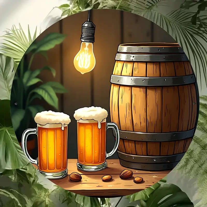 1pc Vintage Aluminum Wall Art Rustic Wooden Barrel with Bulb Lighting Beer-Themed Decor for Home Off