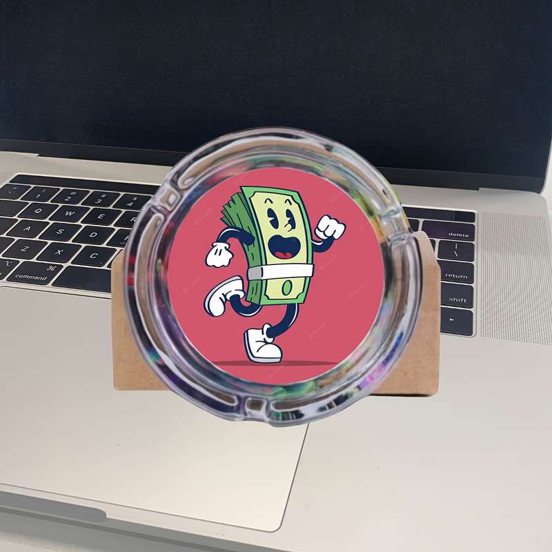 1pc Round Glass Ashtray with Cartoon Dollar Design Colorful Playful Money Illustration Perf