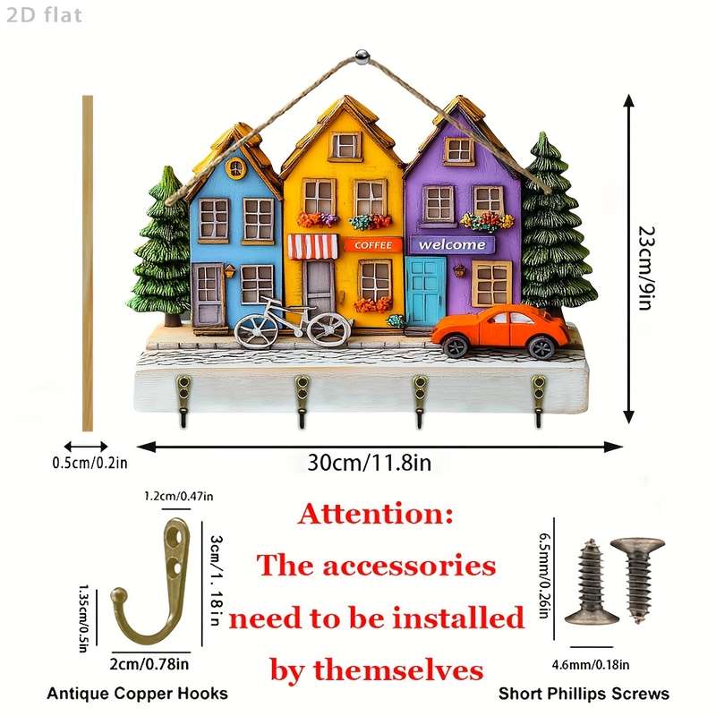 2D Flat 2D flat 1pc Warm Town CafeWooden multifunctional home key hanger (29.97cm x 22.86cm) w