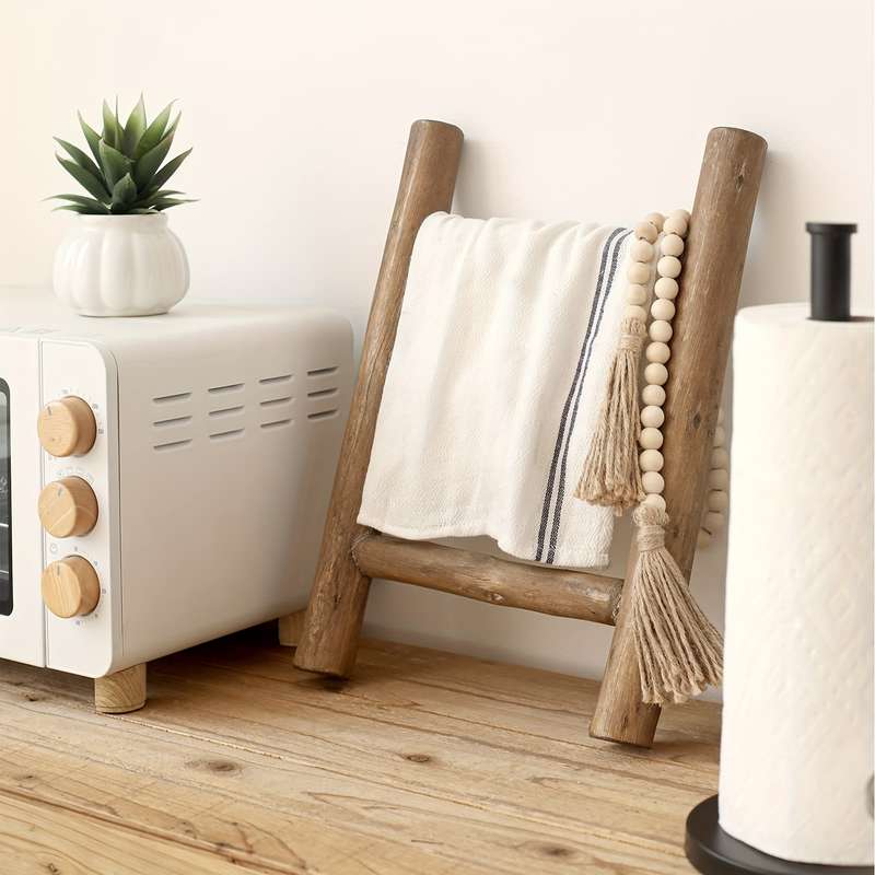 1pc Rustic Farmhouse Mini Wooden Ladder Versatile Tea Towel Holder Display Rack for Kitchen and