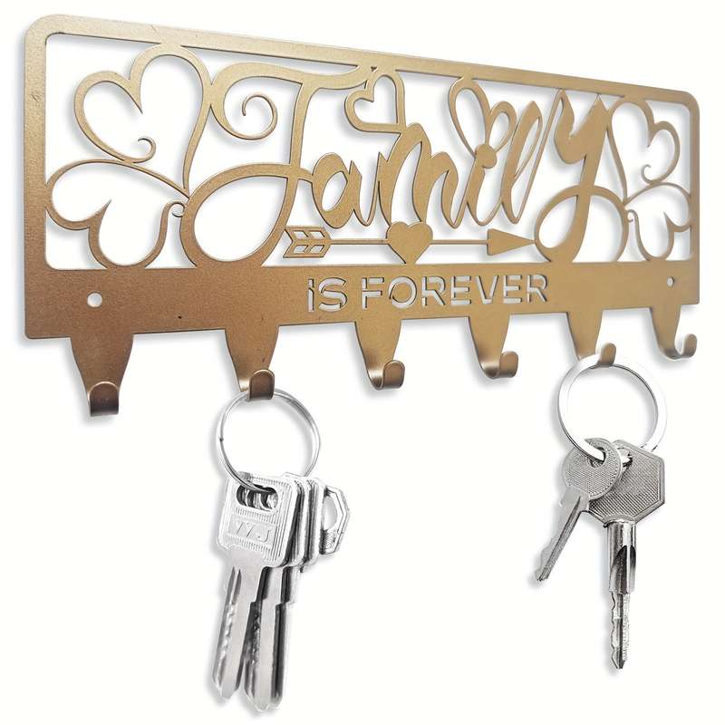1pc Rustic Black Metal Key Holder with Family is Forever DesignWall Mounted Key Hooks