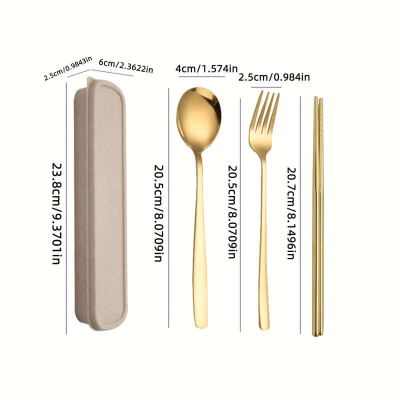 Set Of 4 Stainless Steel Portable Cutlery Including Fork Spoon And Chopsticks With A Reusab