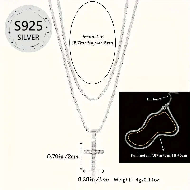 3 Piece  925 Sterling Silvery Cross Necklace, Sparkling Synthetic Zirconia Necklace and Shimmerin