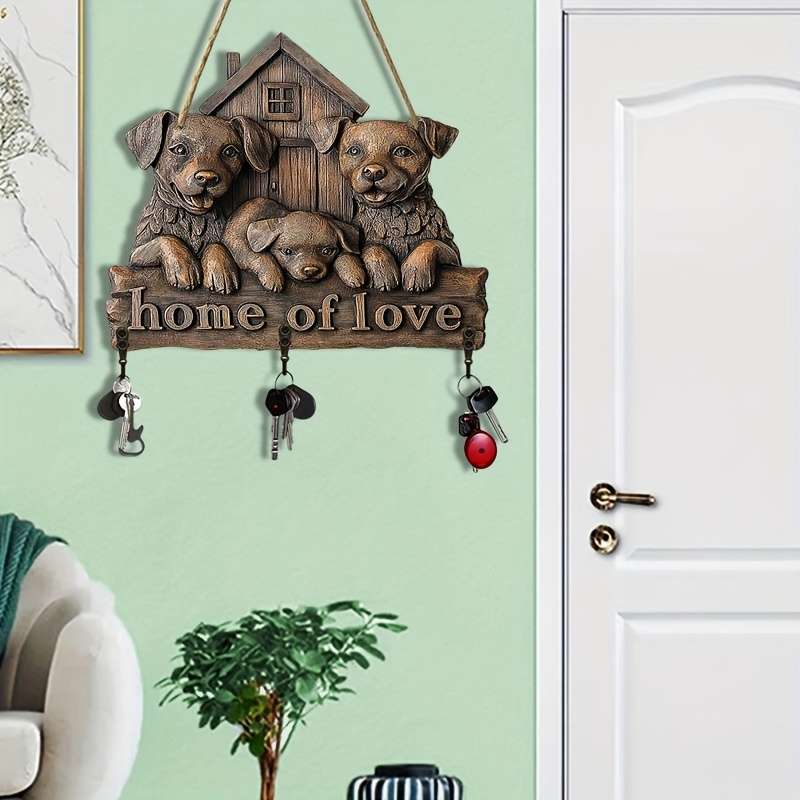 2D Flat 1pc Dog House Simple Colorful Wooden and Home Key Hanger with Four Metal Hooks 30.0cm x 2