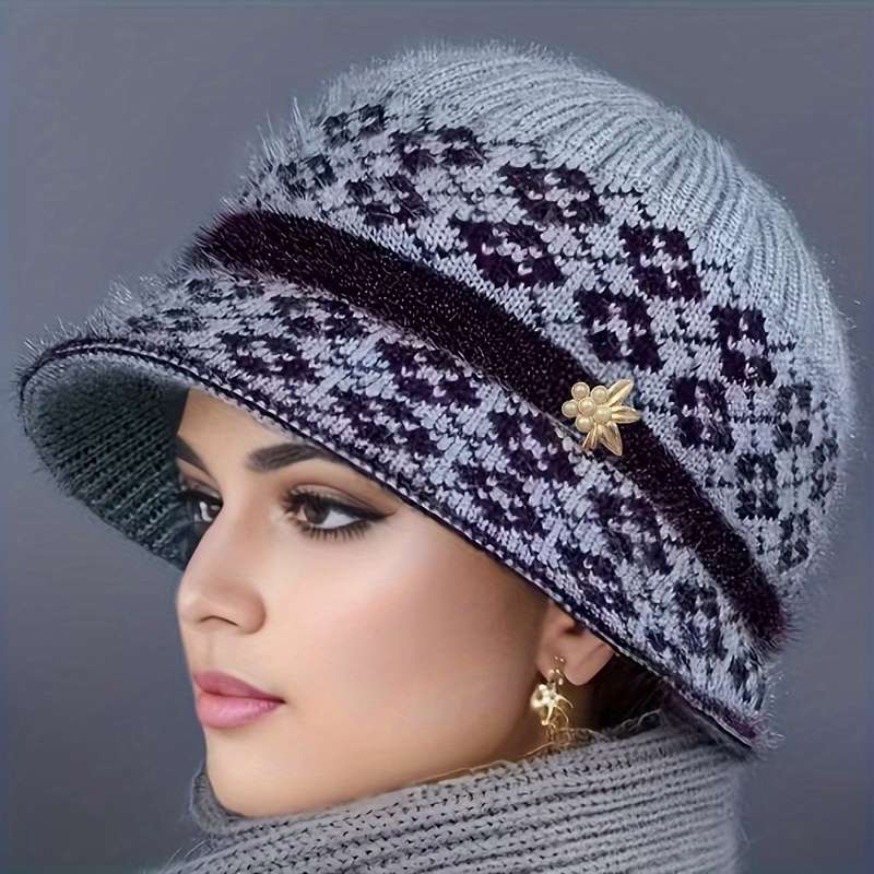 1pc Festive Fantasy Women's Knitted Hat with Pompom Ears Lightweight Color-Blocked Design Suita