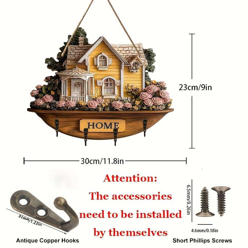 1pc charming flower and house wooden key hanger key storage with hooks four-season multifunctiona