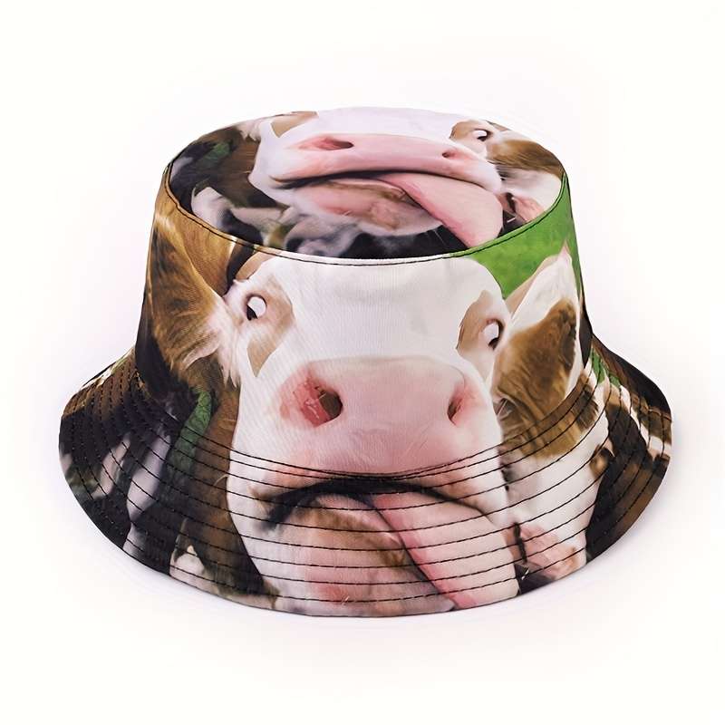 1pc Creative Funny Animal Series Bucket Hat Pig Cow Gorilla Mermaid Print Fisherman Hat Sun