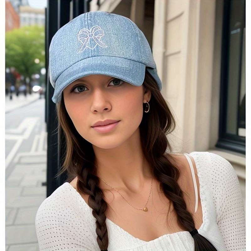 1pc Baseball Cap With Embroidered Love Heart Bow Casual Denim Face-Slimming Design Unisex Trendy
