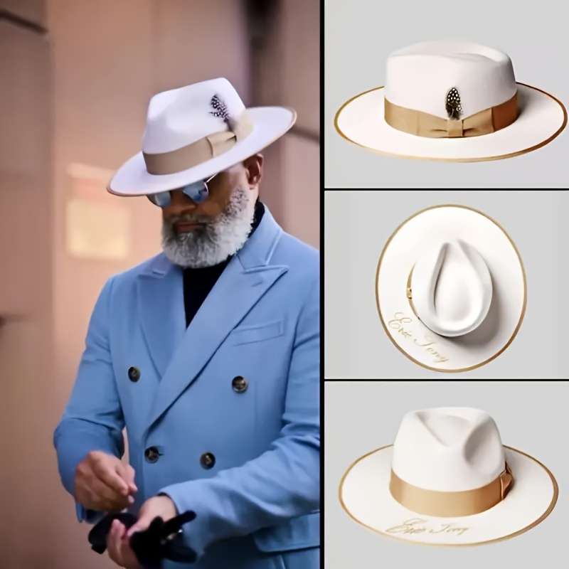 1pc Classic Fedora Hat with Feather Accents Elegant Sun Protection Woven Polyester Drawstri