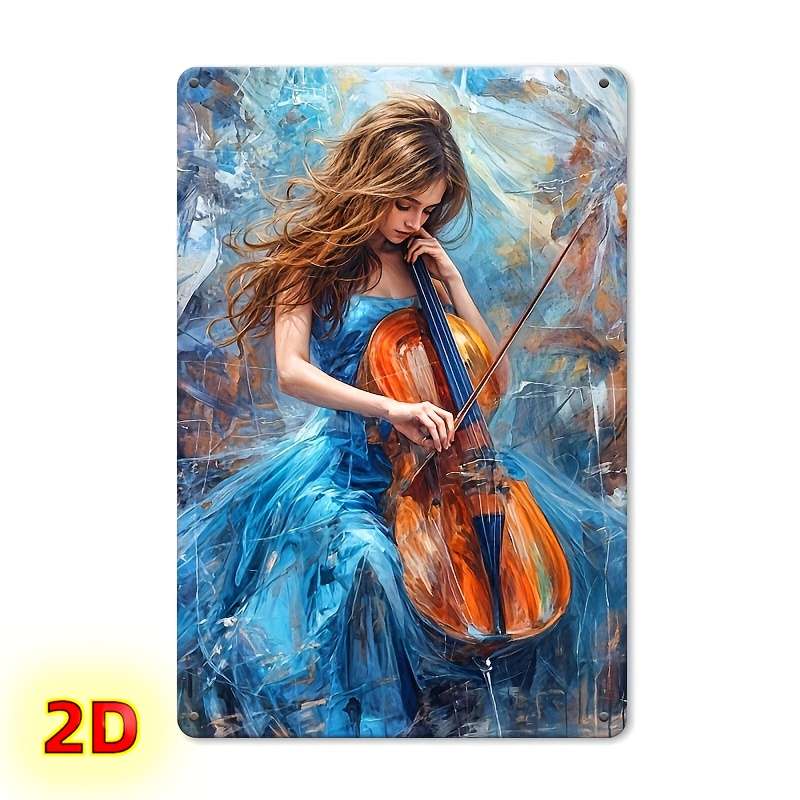 1pc 2D Flat Iron Wall Art Logo Cello Artist Blue Dress Woman Music Studio Art Music Student Gif
