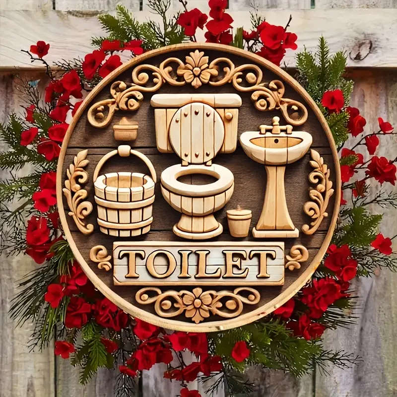 1pc Rustic Wooden Toilet Sign, 20.32x20.32 cm Round Wall Decor Bathroom Wall Art Wooden Wall Hanging