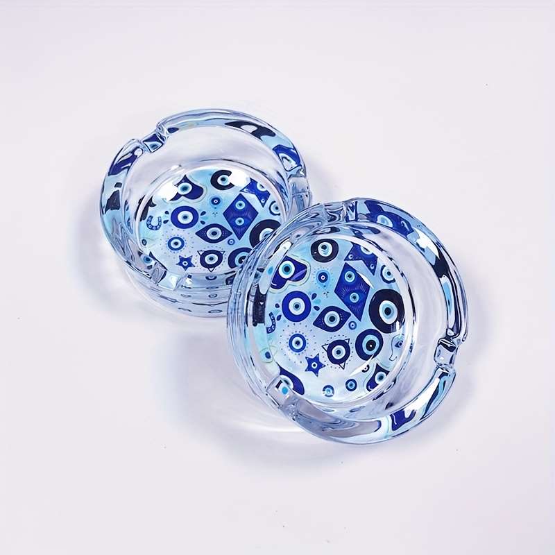 1pc Round Glass Ashtray with Blue Eye Design 8.48cm Decorative Smoke Accessory for Home Bar U
