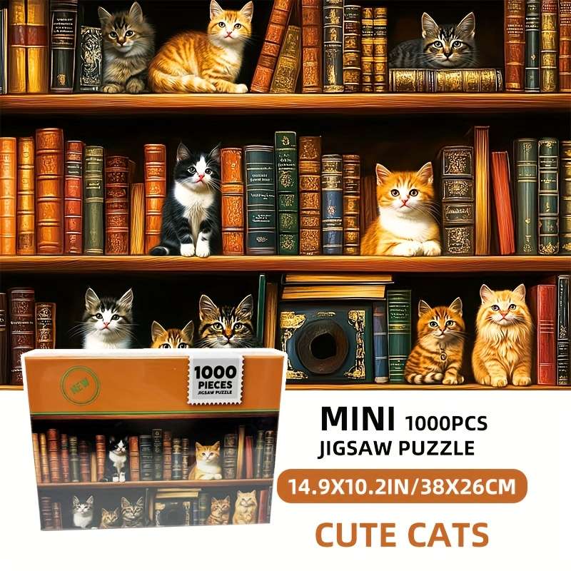1000pcs Mini Jigsaw Puzzle Cute Cats on Bookshelf Design 38x26cm Gray Cardboard