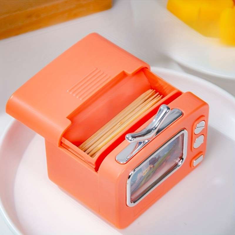 1-Pack Retro TV Design Automatic Pop-Up Toothpick Dispenser Push-Type Portable Plastic Holder