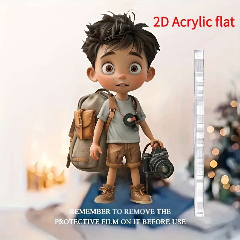 1pc 2D Flat  Acrylic Hanging Ornament Stylish Young Photographer with Camera Backpack Ideal for