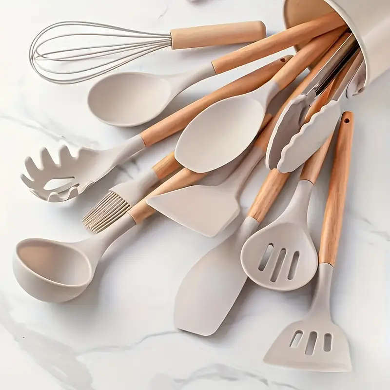 12Piece Silicone Cooking Utensil Set with Wooden Handles and Storage Bucket Non-Stick Kitchen Spatul
