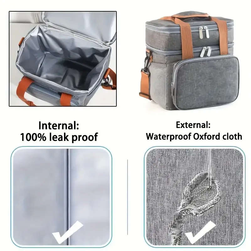 Insulated Lunch Bag Leak-Proof Double-Layer Polyester Reusable with Zippered Pockets