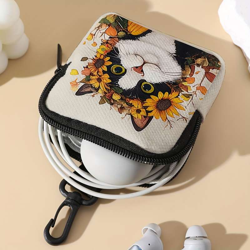 1pc Adorable Cat Sunflower Pattern Large Capacity Coin Purse Multi-Function Zippered Wallet