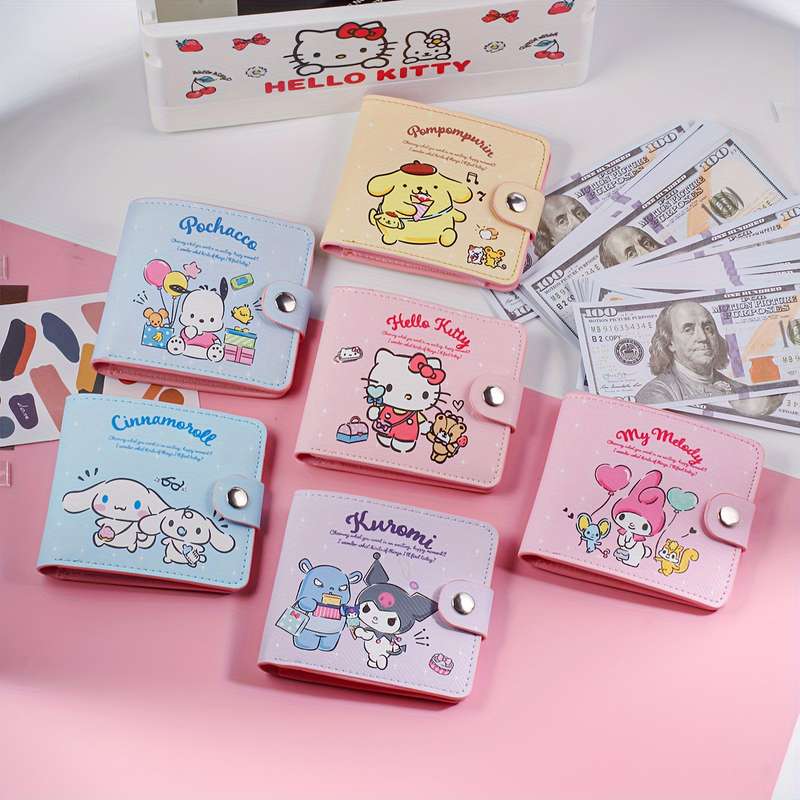 1pc Sanrio Cartoon Cute Wallet Pink Yellow Blue Purple Multi-Compartment Wallet with Button