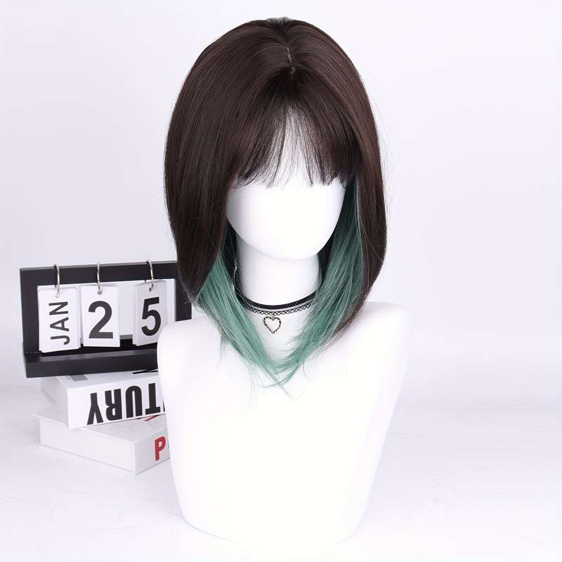 1Pc Brown Black+Green 40.64cm Fashion Design Wig