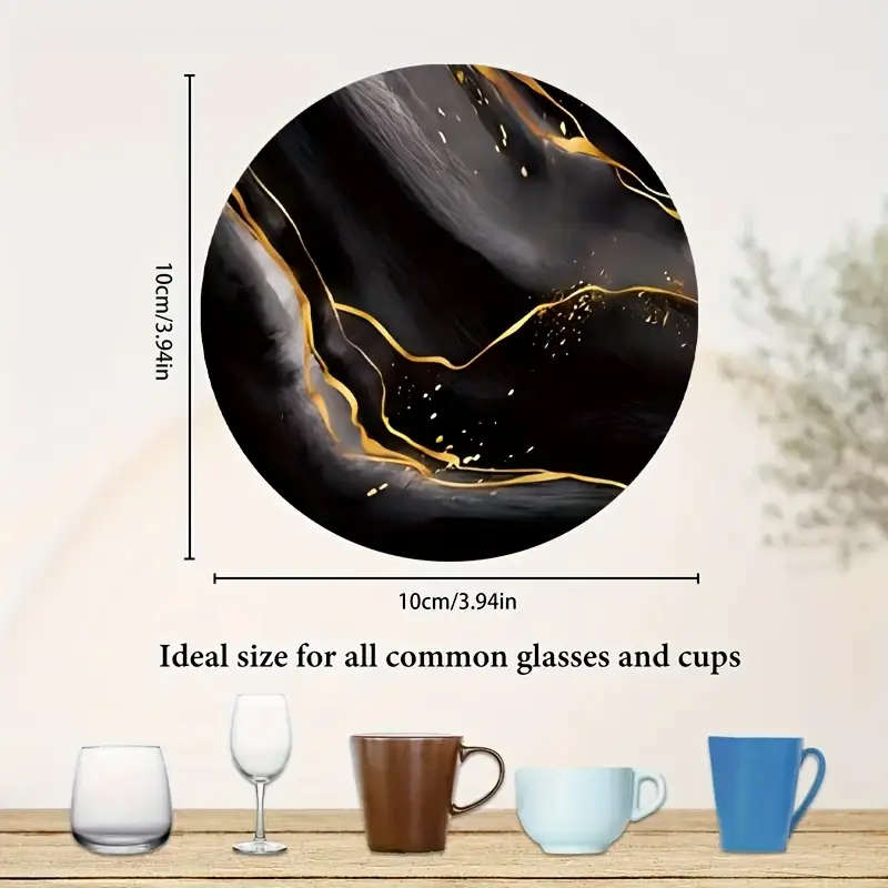 1Set of 6 Black And Golden Marble-Patterned Wooden Coasters Heat-Resistant And Perfect for Home Use