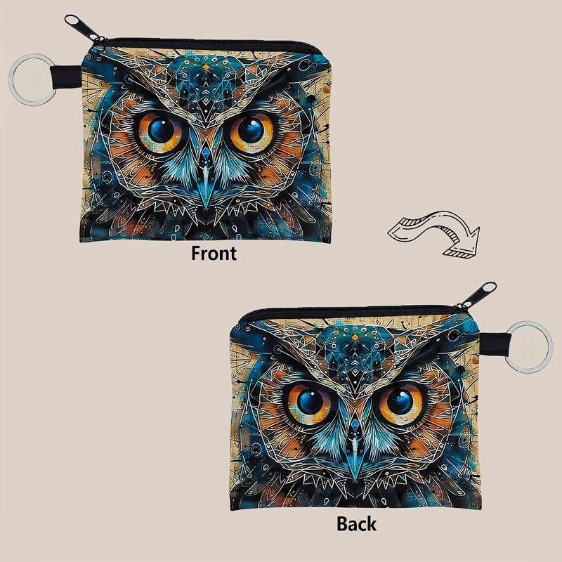 1pc SWEET Owl Print Zipper Pouch Lightweight Multifunctional Small Purse with Keychain Coin